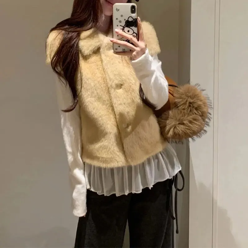 Women Korean Faux Fur Lapel Vests Sleeveless Single Breasted Coats Autumn Winter Solid Color Cropped Fluffy Waistcoat Outerwear
