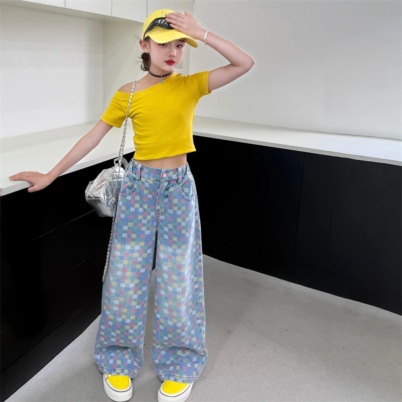 4-6-13-14 teen girls jeans Checkerboard wide leg pants cotton yellow top t-shirt junior kid clothes pants child outfits trousers