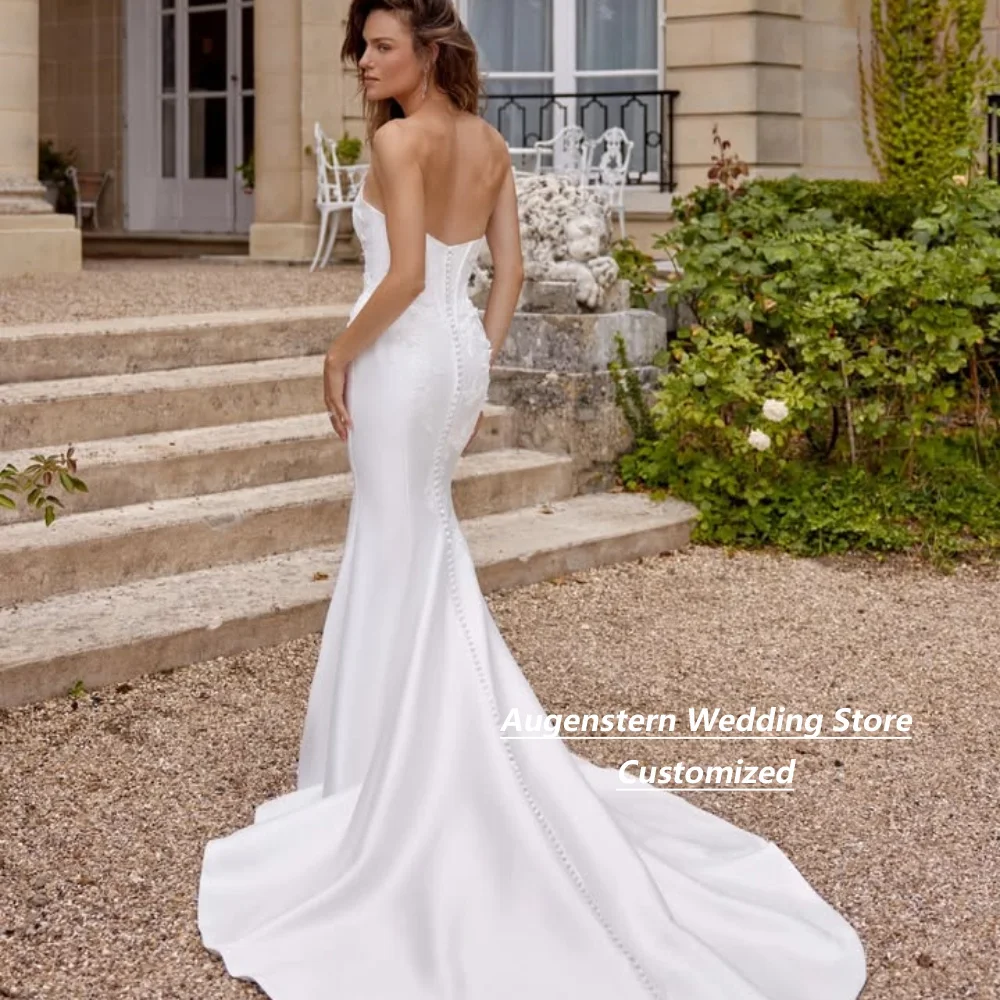 Customized Ivory Bride Gown Strapless Sweetheart Satin Mermaid Wedding Dress Lace Applique Corset Back Bridal Gown With Train