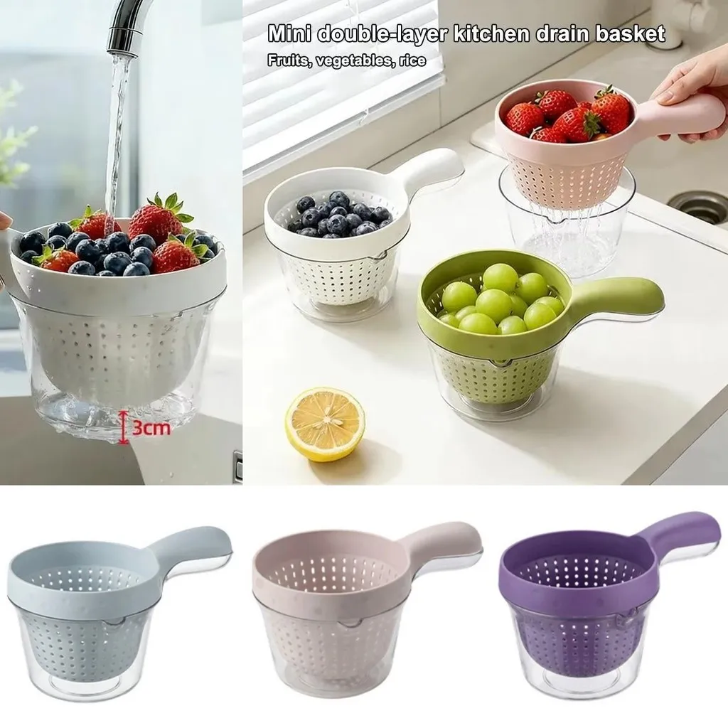 2 in 1 Strainer Colander Double Layer Fruit Strainer Food Draining Basket with Handle for Washing Cleaning Berries Vegetable