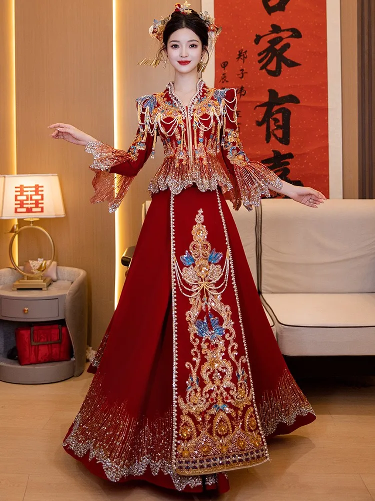 New Chinese-style wedding dress heavy toasting leading the gown luxurious