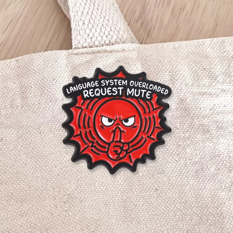 Red Angry Face Request Mute Sign Enamel Badges Introvert Social Battery Pin Brooches Jewelry Gifts