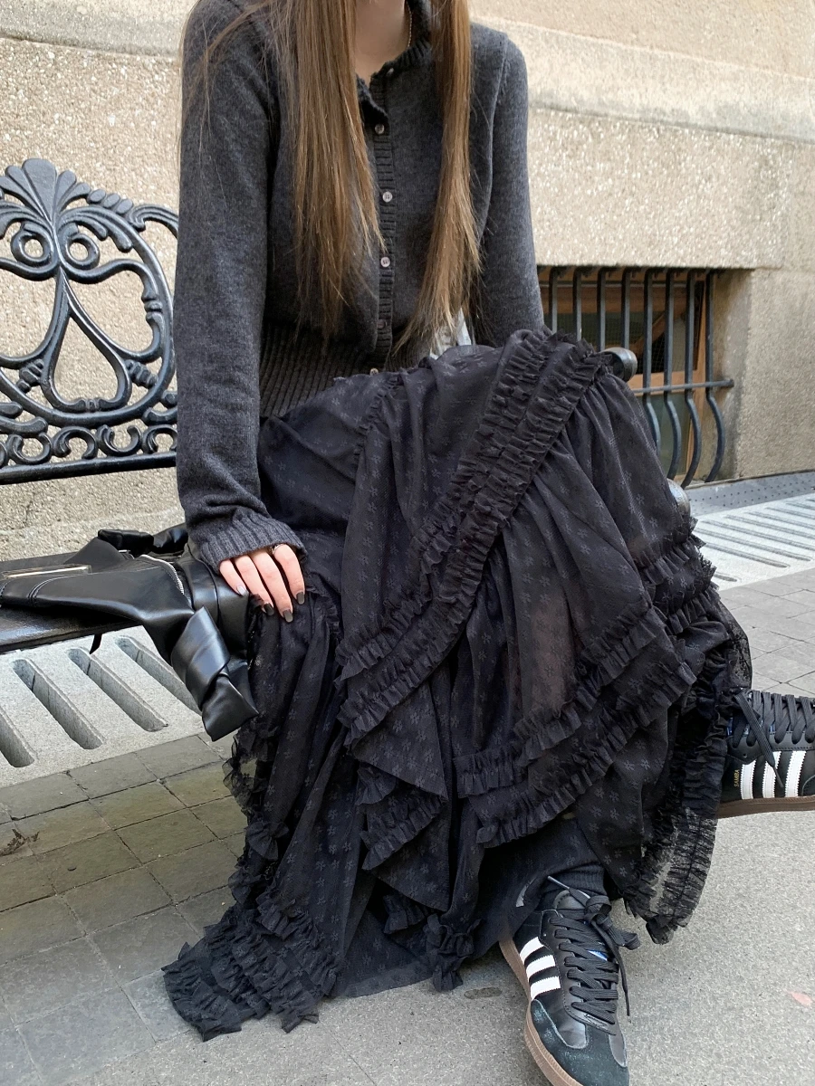 Spring Autumn Korean Version of Black Gentle Heavy Industry Lace Skirt Sweet Girl High Waist Versatile A-line Time Cake Skirts - Image 4