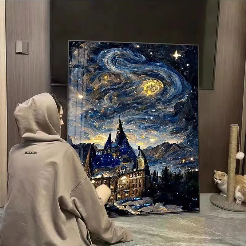 Van Gogh Starry Sky DIY Diamond By Hand Painting Castle Diamond Sticker Drill Frame Stickers Home Decor Handmade Art Crafts