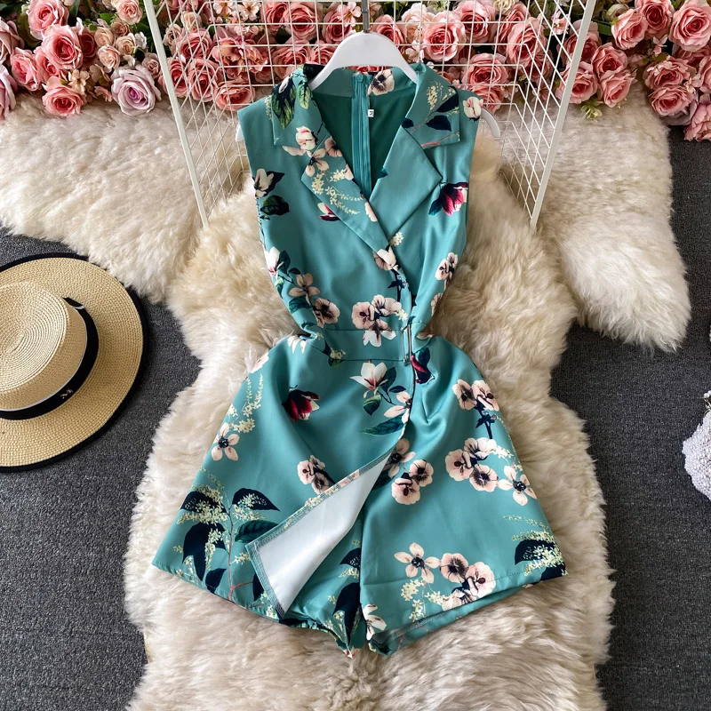 

Retro Summer Suit Collar Svel Print Waist Cinched Jumpsuit Wide Leg orts Dr Pants High Waist Belt Zipper ort Length