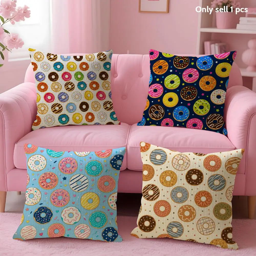 Sweet Donut Pattern Cushion Cover Linen Organic Fabric Double-Sided Printing Sofa Breathable Home Decor Gift Pillow Case