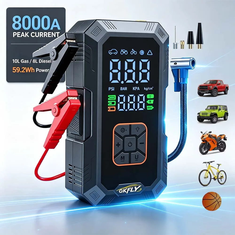 4 IN 1 Car Jump Starter 8000A Peak 150PSI Air Compressor Tire Inflator 59.2Wh Battery Booster For 10L Gas 8L Diesel Power Bank