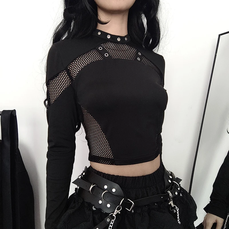 Darlingaga Gothic Dark Skinny Women T-shirts Fishnet Spliced Harajuku Crop Top Hollow Out Eyelet Punk Tee Shirt Stand Collar New