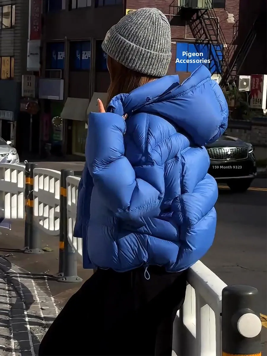 

Синяя короткая куртка-пуховик с капюшоном для женщин, утепленная, с наполнителем из белого утиного пуха, в корейском стиле, свободного кроя, с длинными рукавами