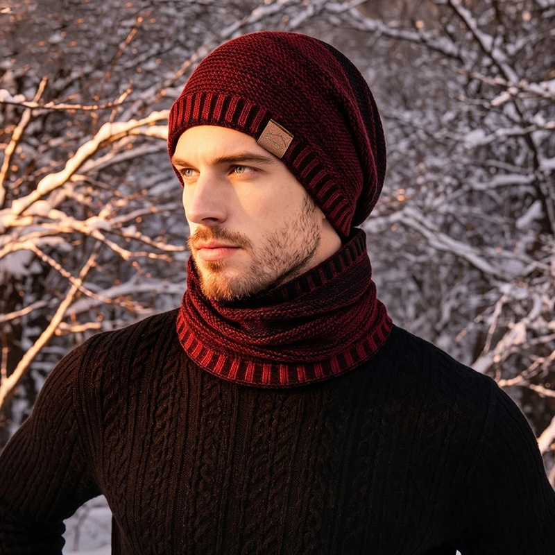 Men's Winter Knitted Hats Set Warm Thicked Skullies Beanies Caps Outdoor Ski Cap with Neck Guard Scarf