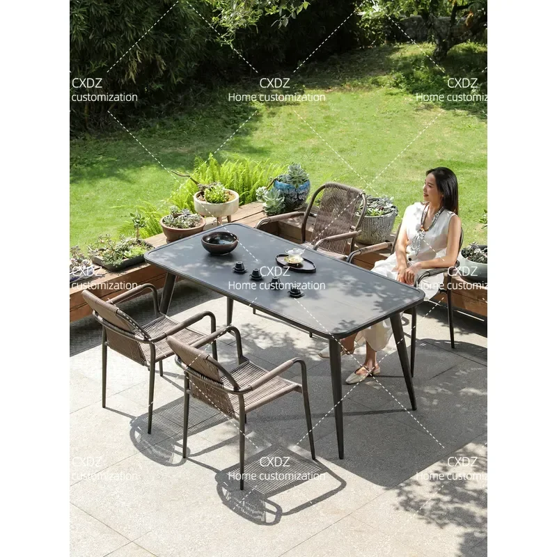 Outdoor Rattan Table and Chair Set Retro Round Patio Furniture Garden Leisure Dining Combo Waterproof Sun Resistant