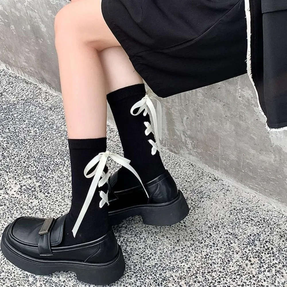 

Cotton Japanese JK Bow Socks Lolita Style Thickened Thermal Floor Socks Black White Comfortable Cute Warm Socks Women