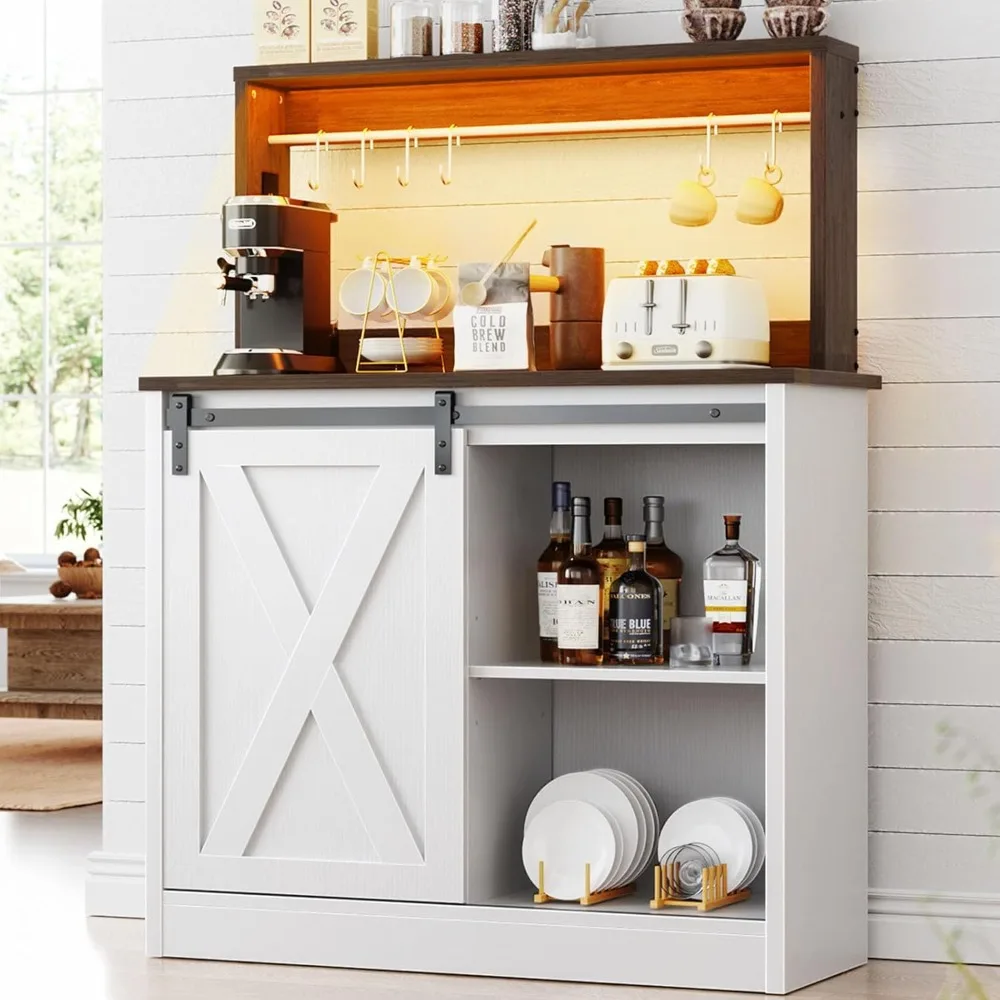 

Farmhouse coffee bar cabinet with charging station and LED lights, buffet cabinet