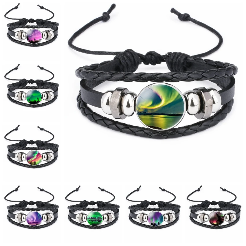 Popular Jewelry Glass Pendant Leather Bracelet Fantastic Arctic Aurora Black Leather Multilayer Knitted Bracelet Unisex