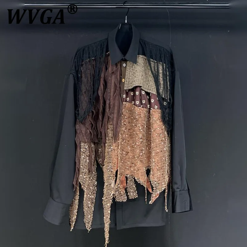 

WVGA весна осень новый мужской прилив повседневные модные лоскутные кружевные рубашки с длинными рукавами нишевые шикарные модные искусственные рубашки из двух предметов W10263