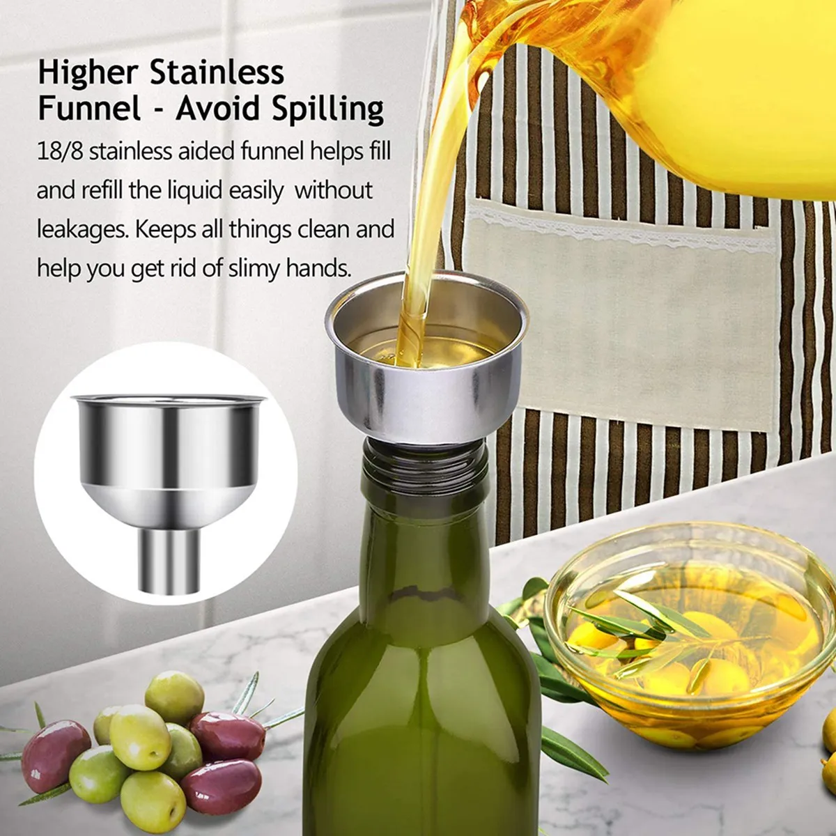 Glass Olive Oil Bottle-500 Ml Green Oil and Vinegar Bottle with Pourer and Funnel-Olive Oil Carafe