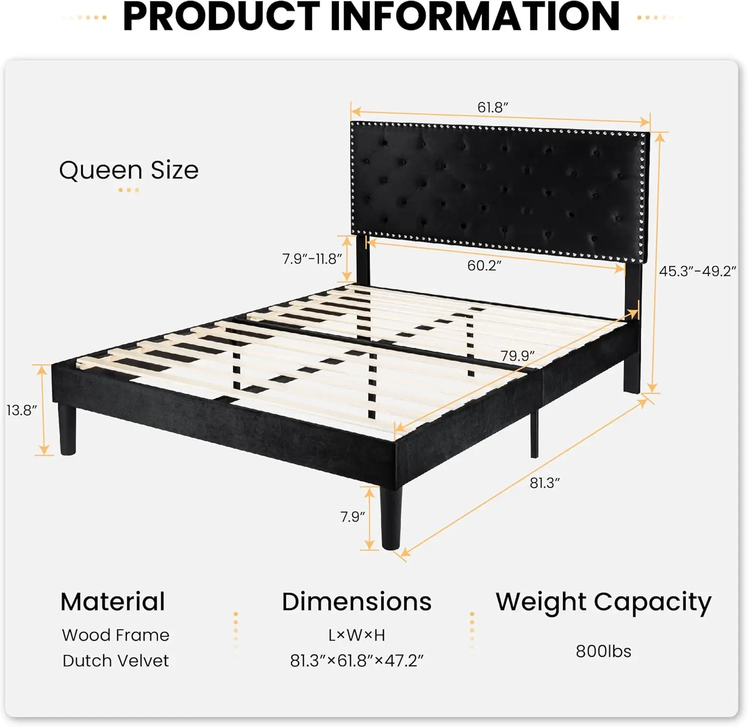 Queen Size Velvet Bed Frame with Adjustable Headboard, Diamond Button Tufted and Rivet Decor, No Box Spring Needed, B