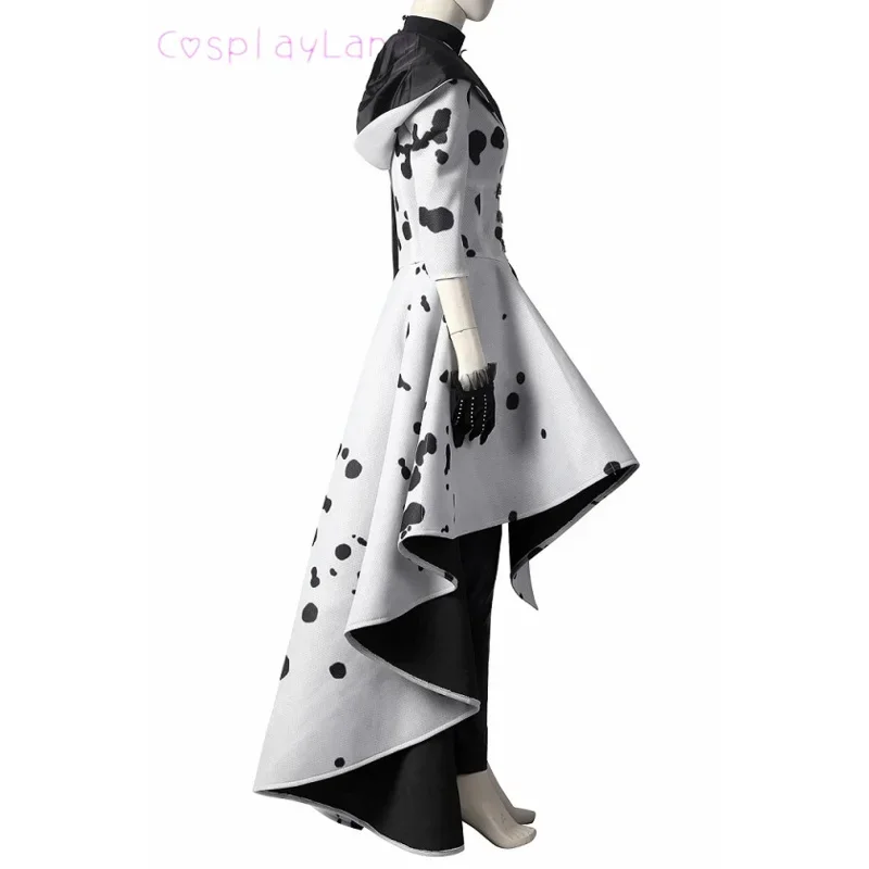 EE01 Cruella Costume Cosplay Evil Queen Black White Evening Party Dress Fashion Emma Magic Oufit Women Suit Coat Pants Glove&0Ww