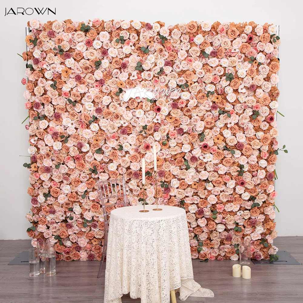 

Outdoor Wedding Backdrop Decorations Customized 8x8ft Autumn Coffee Rose Green Leaves 5D Cloth Flower Wall for Event Party Decor