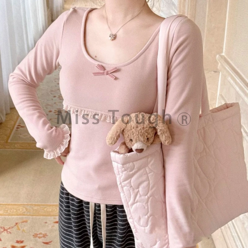 Autumn Winter New Sweet Pink Blouse Women Bow Crewneck Long Sleeve Underneath Base Layer Tops Japanese Kawaii Slim Clothes 2025