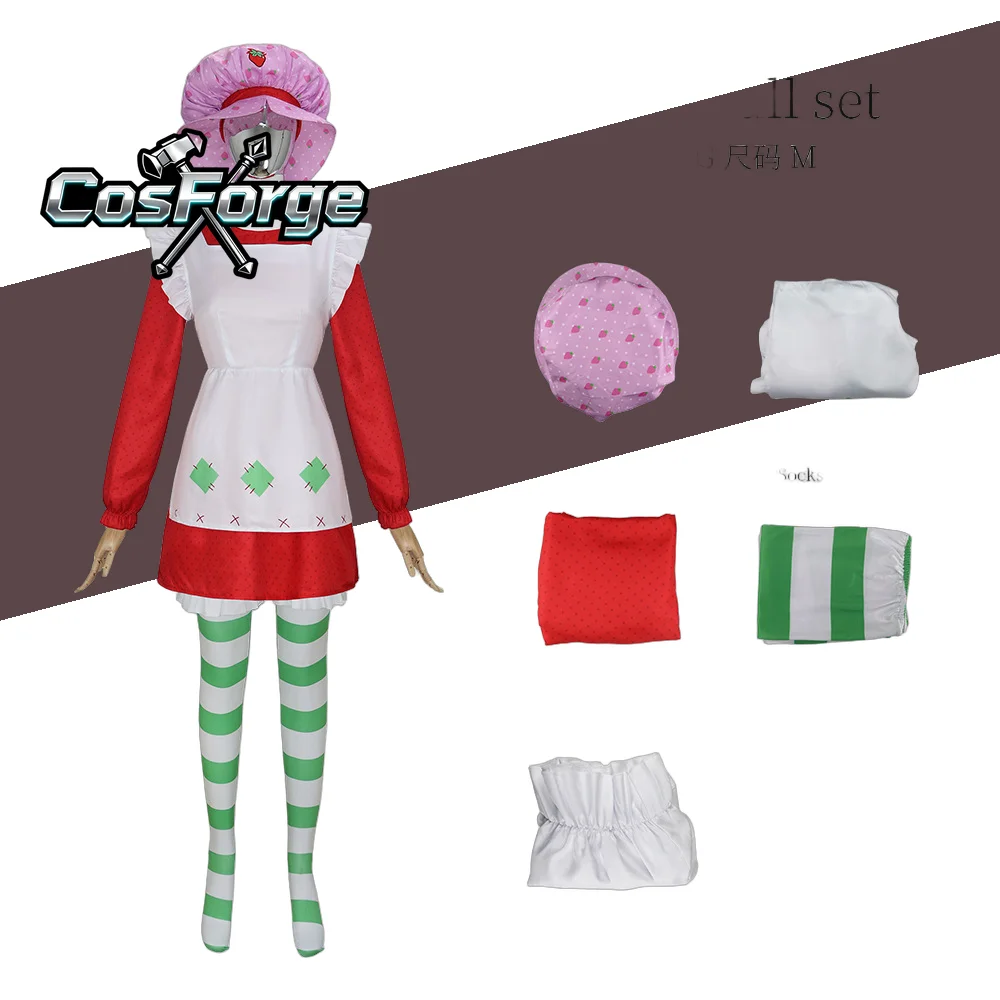

Strawberry Shortcake Maid Cosplay Costume - Women 1980s Vintage Cartoon Pink Dress Baker Hat Halloween Party