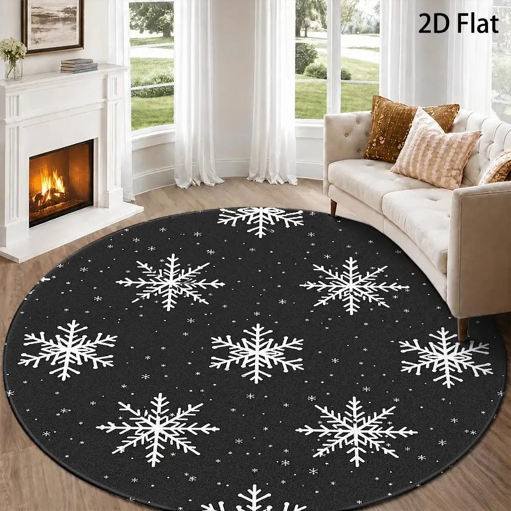 1pc Modern Black‑and‑White Snowflake Winter Wonderland Printed Large Round Area Rug, 2D Flat‑Print Machine‑Washable Floor