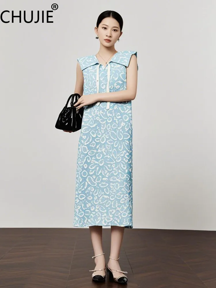

CHUJIE 2025 Summer Nautical Dress - Ice Silk Viscose Fabric Knit With Sailor Collar & Jacquard Tie, Cerulean Relaxed Fit