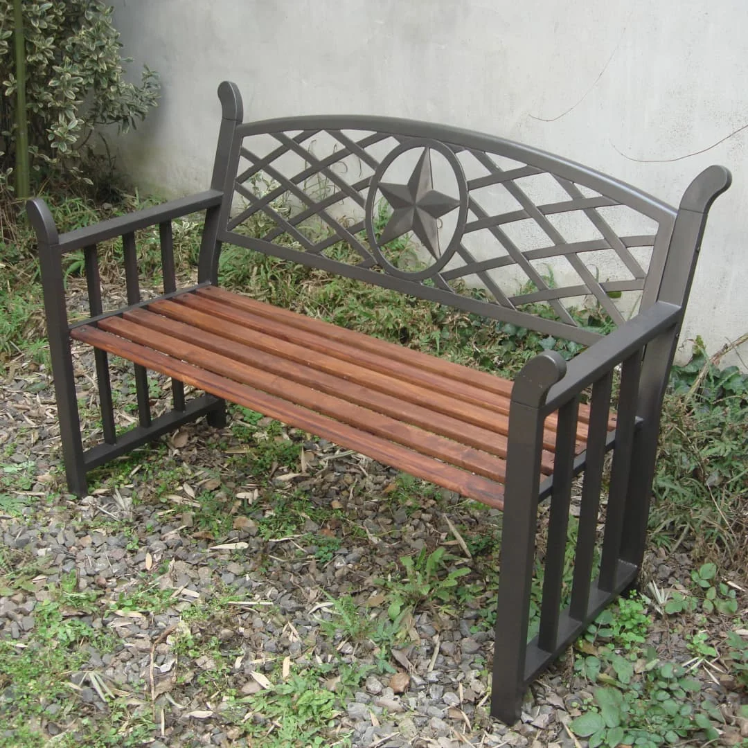 

Wood & Metal Patio Bench For Outdoor Use Park Bench With Star
