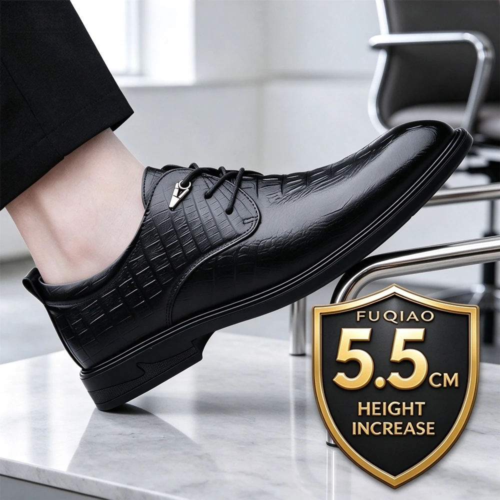 Men Height Increasing Dress Shoes 5.5CM Hidden Elevator Formal Leather Shoes Crocodile Pattern Lace Up Business Wedding Oxfords