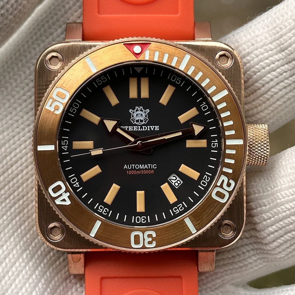 STEELDIVE Men Automatic Watch 45MM Cusn8 Bronze Square Mechanical Wristwatch Sapphire 100Bar Luminous NH35 120 Clicks Bezel