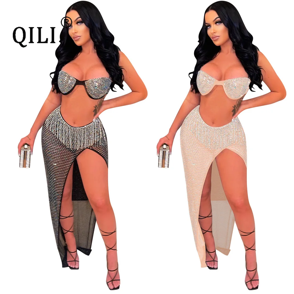 QILI-Women's Sexy Tube Top, Mesh See-through Irregular Skirt Suit, Diamonds Rhinestone Split Dress, Club Party