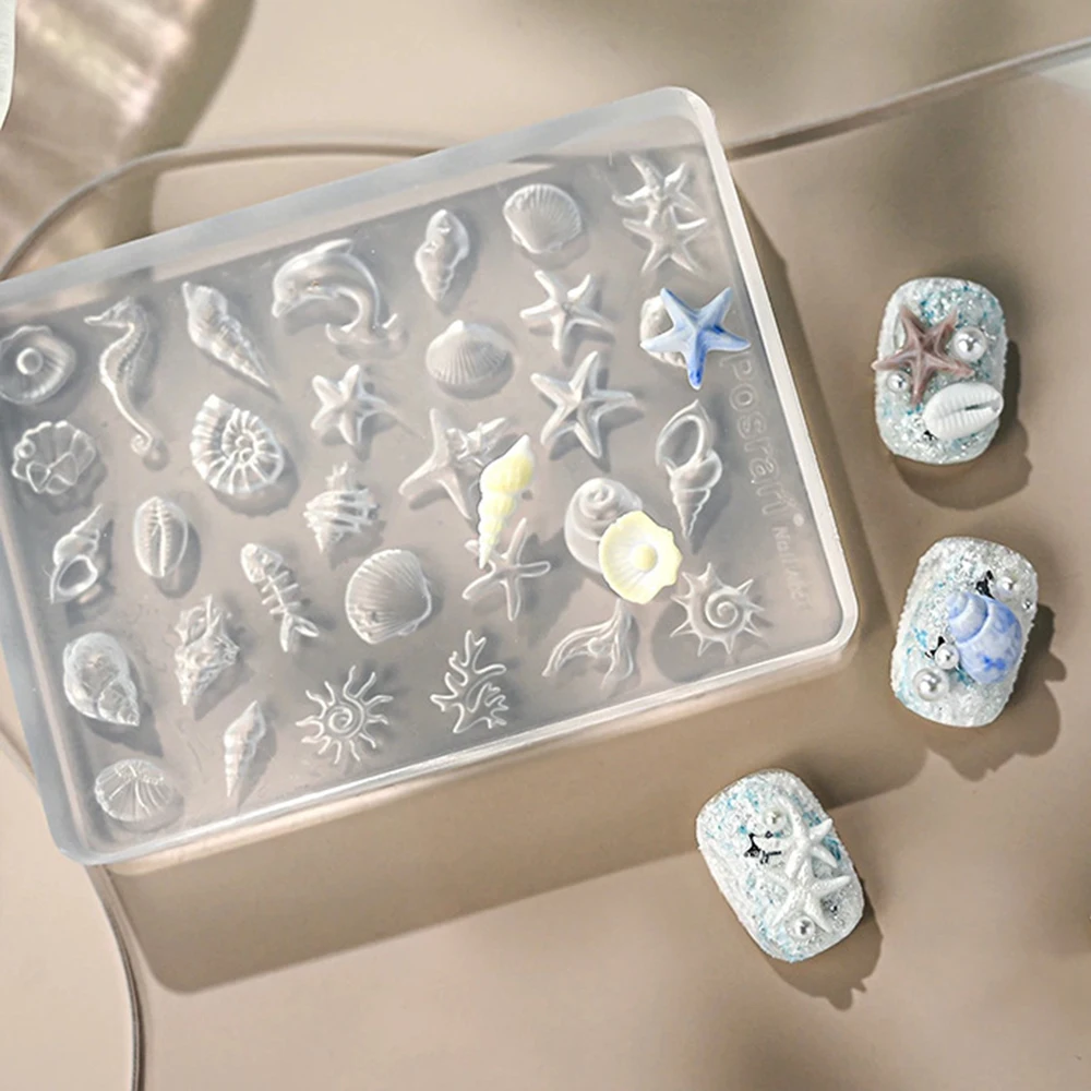 Molde de Silicone para Unhas Tema Oceano de Verão, 2 Estilos, Moldes de Gel 3D para Manicure, Acessórios de Conchas, Búzios e Estrelas-do-mar, Estênceis Reutilizáveis