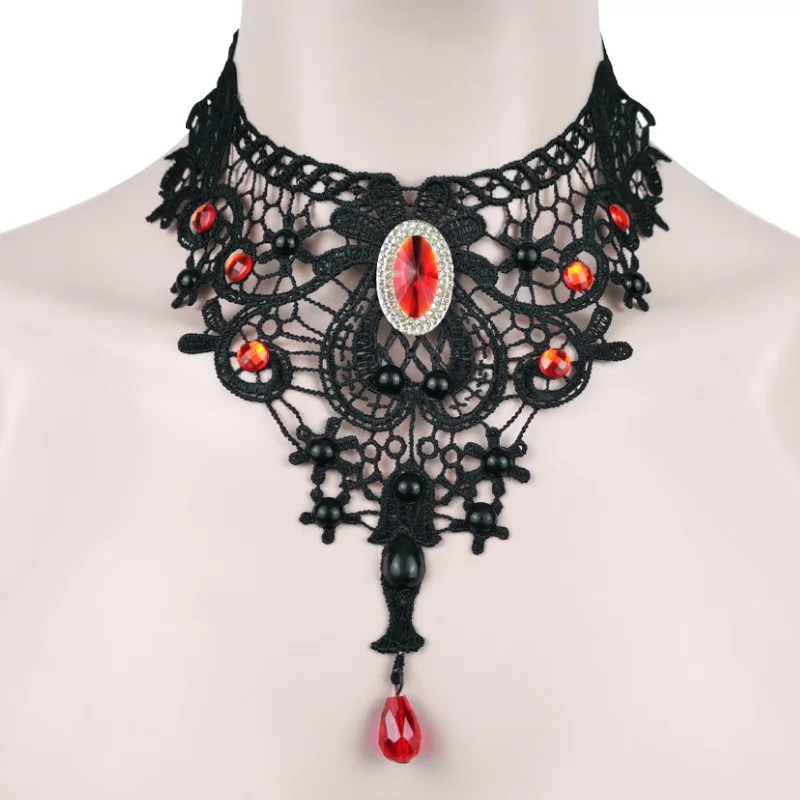 Gargantilla gótica con cuentas de flores negras para mujer, collar de cuello de encaje Sexy, cadena de borla Vintage, joyería Steampunk para Halloween