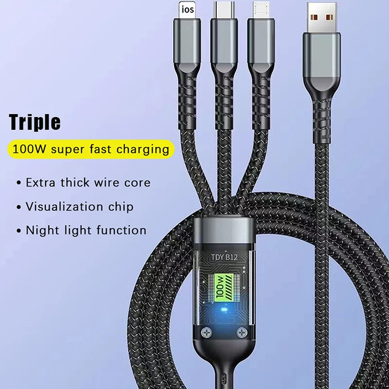 1Pc 3-in-1 100W Fast Charging USB To Type-C Micro Fast Charger Cable For IPhone 15 Xiaomi Huawei