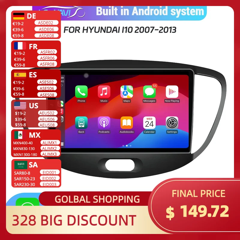 

Android 14 For Hyundai I10 2007-2013 Car Radio Multimedia Navigation System GPS Wireless Bluetooth Android Auto Carplay Screen
