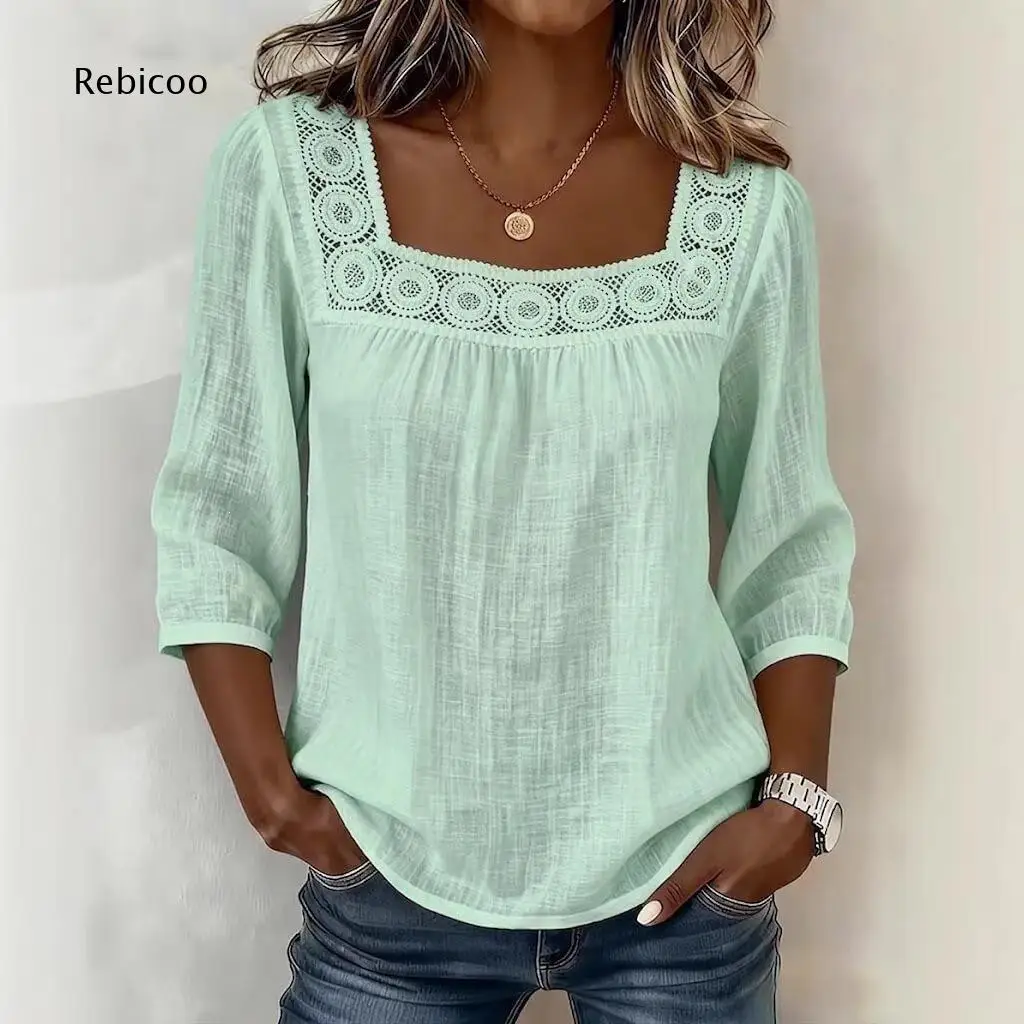 Loose Casual Blouse For Women Square Neck Three Quarter Sleeve Crochet Lace Accent Gathered Front For Weekend Going Out