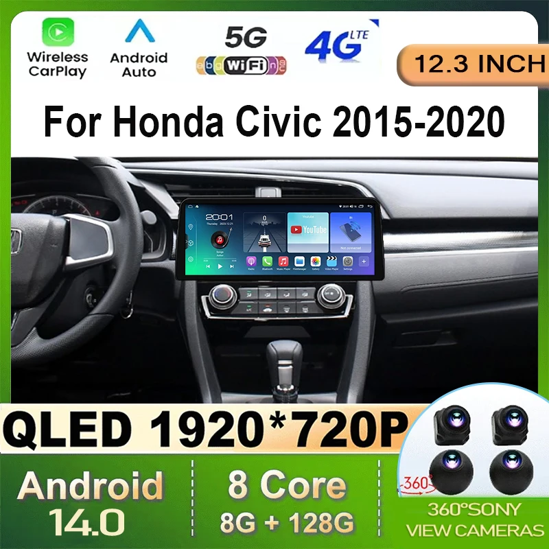 12.3 Inch Android 14 For Honda Civic 10 FC FK 2015 - 2020 Car Radio Multimedia Player GPS Autoradio Carplay Stereo Screen WIFI