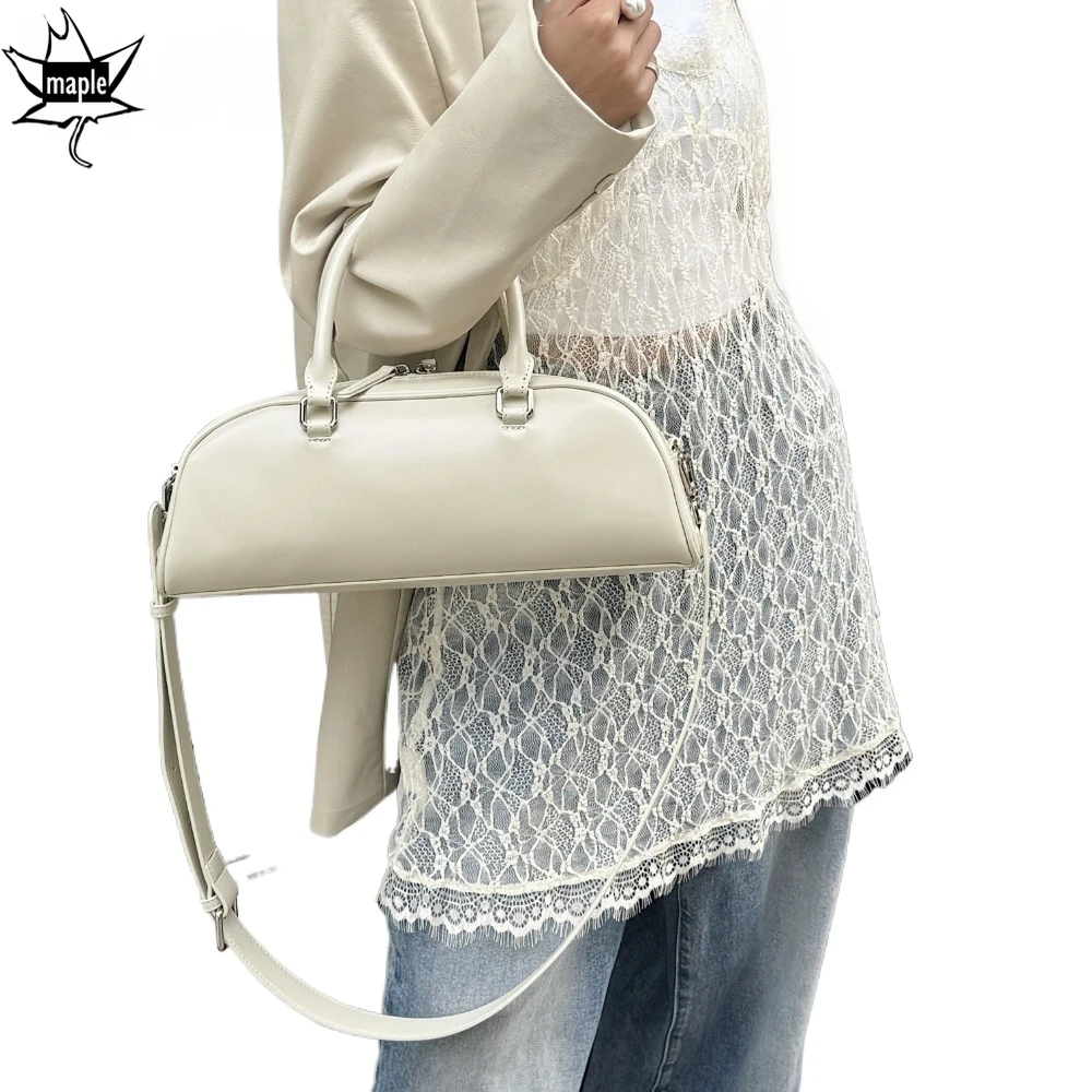 New Fashion Trendy All-match Bowling Tote Silver Beige Glossy Split Cow Leather Women\'s Handbag Travel Shoulder Bag