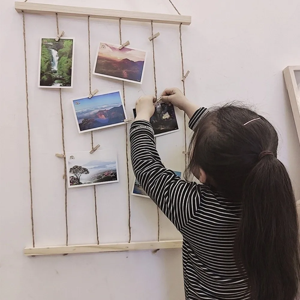 Hanging Photo Display Holder Handmade Wood Splint Picture Frames Multiple Pictures Hangers Picture Board Collage Wall Decor