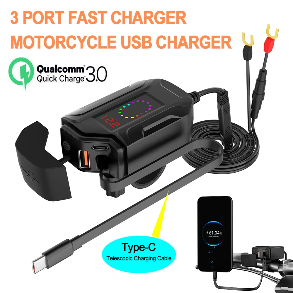 

Motorcycle Vehicle-Mounted Charger Adapter USB QC3.0 Ports with Telescopic Charging Cable & Voltmeter & Switch Moto Accessories