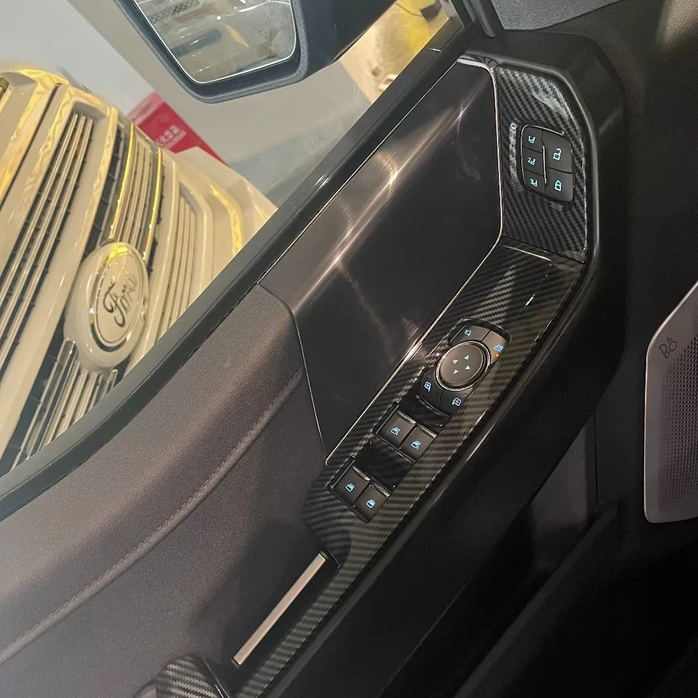 

Для Ford F150 2021 2022 2023, ABS углеродное волокно, внутренний переключатель окон, подъемная панель, декоративная рамка, кнопка панели рулевого колеса