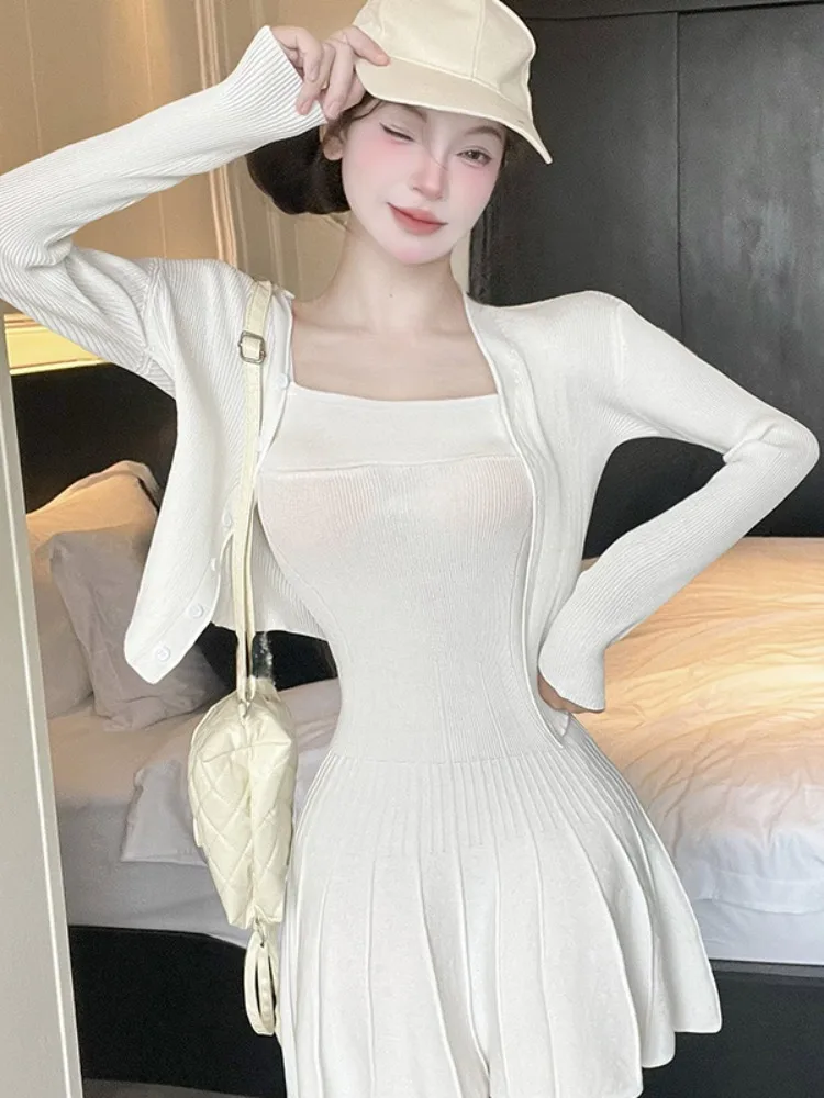 

Early Spring Knitted Long Sleeve Open Cardigan Strapless Tube Dress Short Skirt Two-Piece Set Elegant Style Women's Fashion