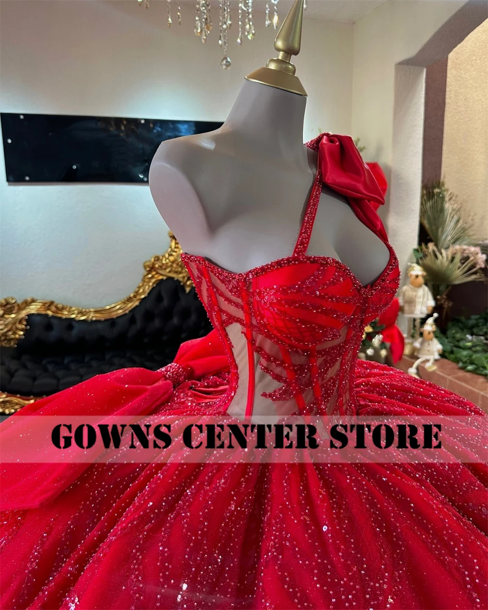 Red Puff Ruched Train Ball Gown Quinceanera Dress With Bow One Shoulder Beaded Appliques Sweet 15 Vestidos De 15 Años Customized image 6