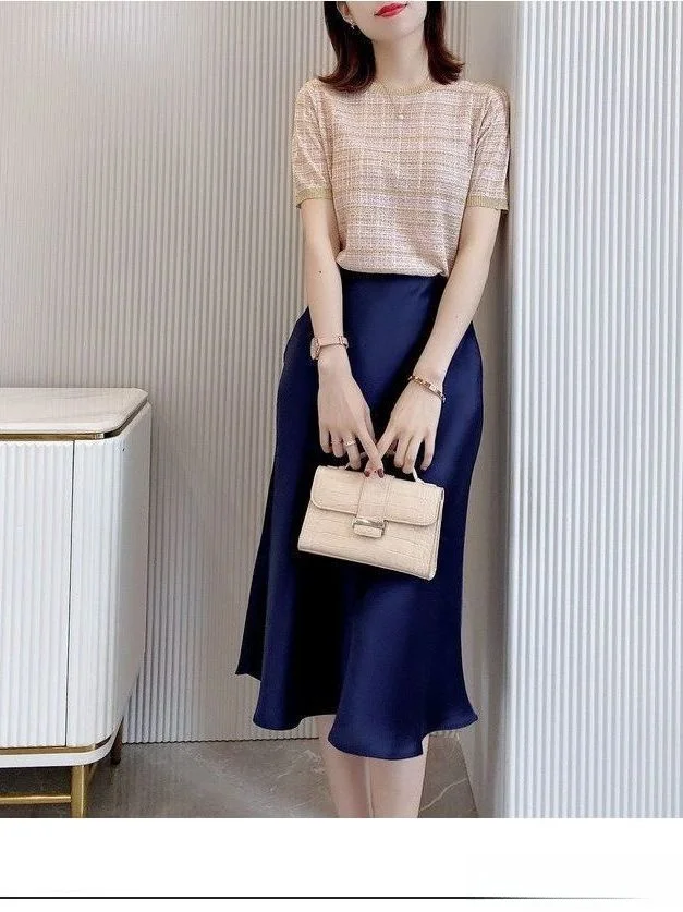 Camiseta de punto ort Sve de seda de hielo Ne redonda a rayas para primavera y verano para mujer, Top informal cómodo y transpirable