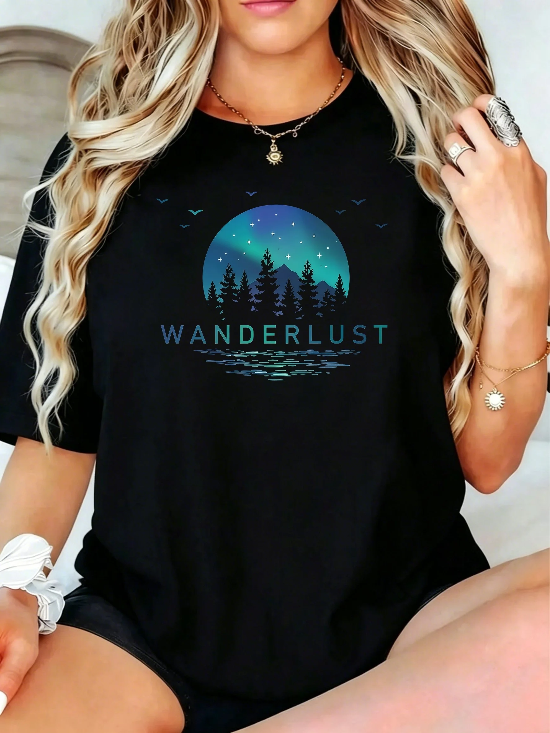 1Pcs Plus Size Women T-Shirt, Wanderlust Forest Moon Night Sky Trees Water Birds Shirt, Loose Type Shirt for Women