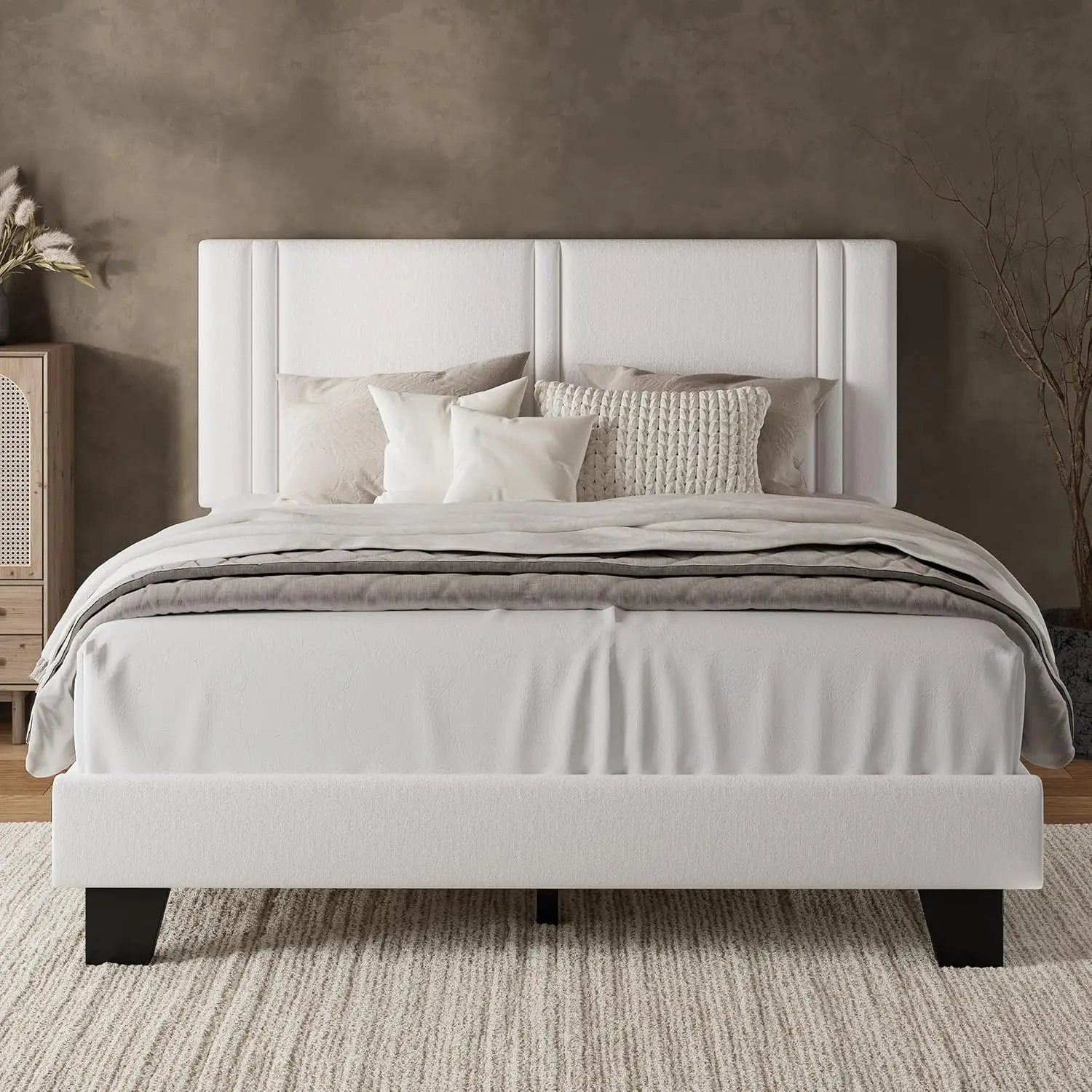 

Full Platform Bed Frame with Velvet Upholstered Headboard & Thickened Legs, Mattress Foundation w/Solid Wooden Slats Support