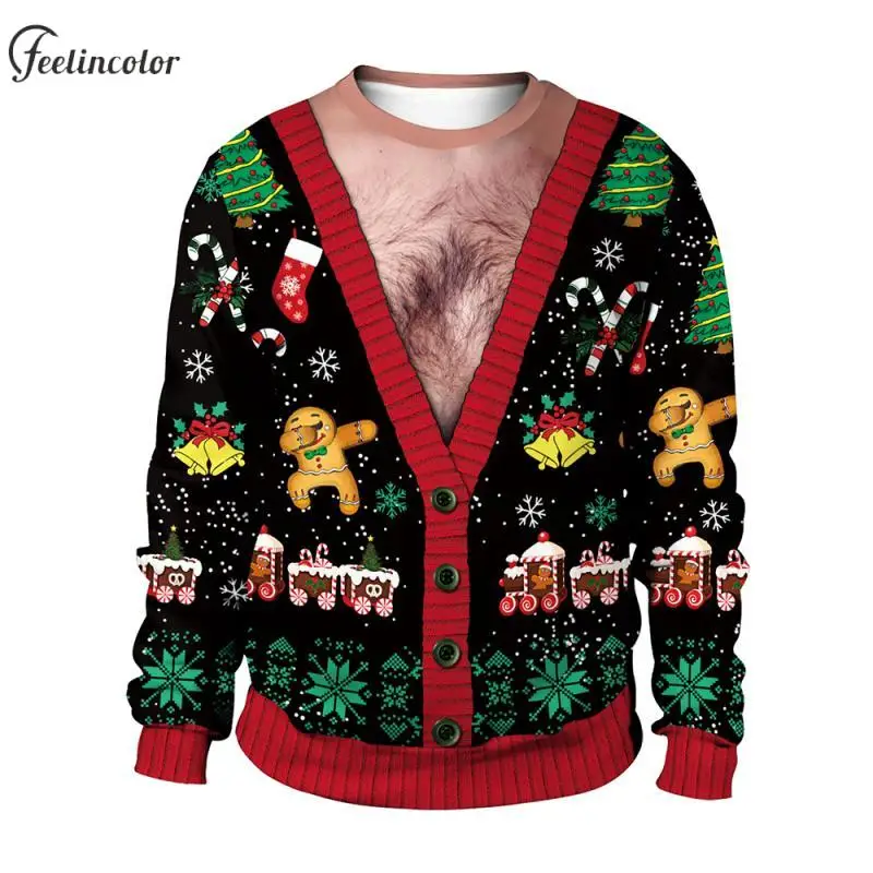 Fake Two-Piece Sweater 3D Print Men Ugly Christmas Sweatshirts Chest Hair Graphic Pullover Novelty Xmas Hoodies Unisex Clothes