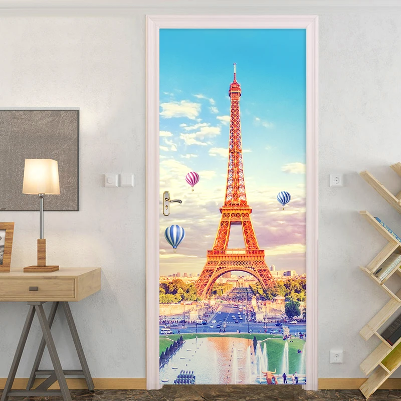 

European Style Tower Balloon Door Sticker PVC Self Adhesive Vinyl Retro Living Room Wall Sticker Waterproof Home Door 3D Decal