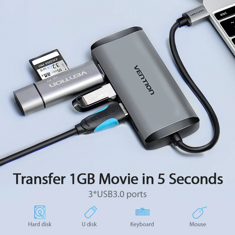 Vention  5 in 1 USB C Hub 4K HDMI USB 3.0 HUB PD Multiport Adapter for MacBook Pro/Huawei Mate 60/iPad Pro Splitter USB HUB
