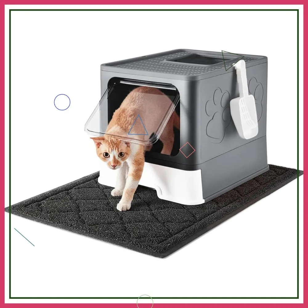 

Large Covered Cat Litter Box with Mat & Scoop, Front Top Entry, Odor Control, Easy Clean (Dark Grey)